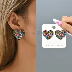 New Colorful Shiny Rhinestone Heart Shaped Stud Earrings For Women Korean Fashion Luxury Elegant Delicate Jewelry Valentine Gift