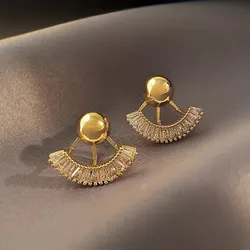 New Hollow Sector Stud Earrings for Women Golden Metal Frame Crystal Semicircle Earrings Vintage Personality Party Jewelry