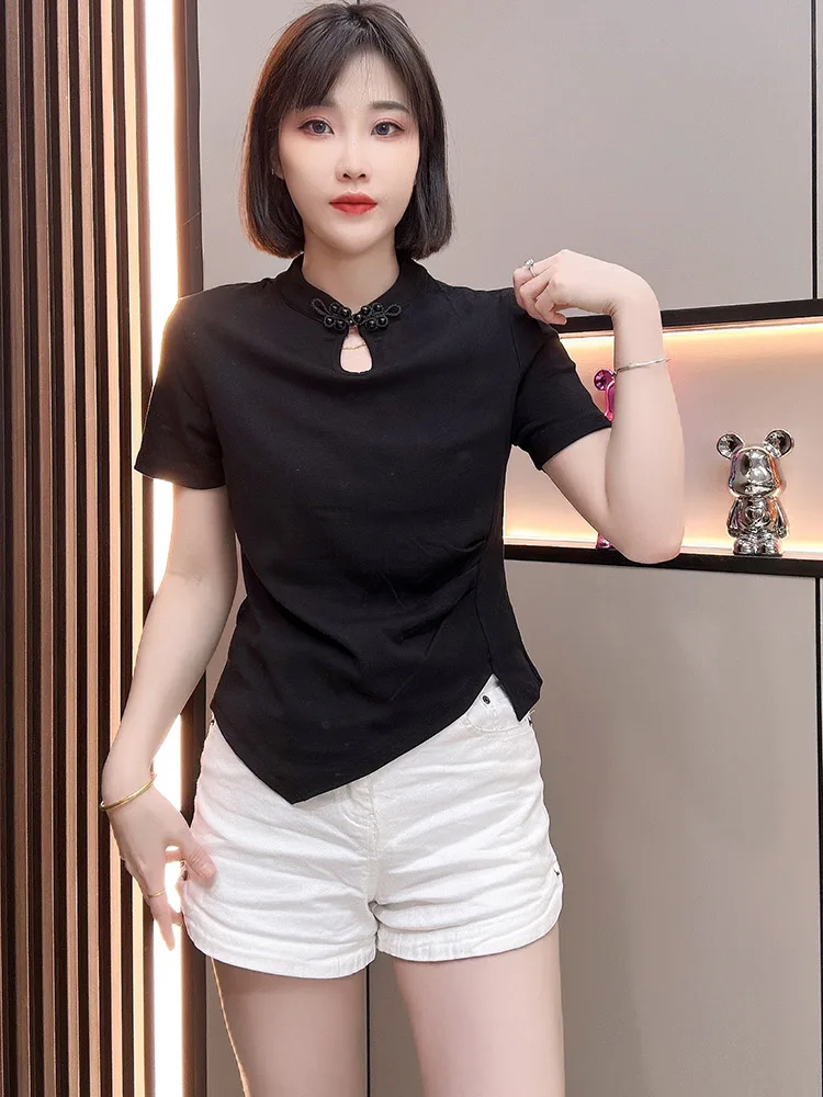 

Summer Faion Asymmetrical oulder Hollow out ort Sve Slim Fit Women's T-irt Retro Commute Sle Creative Pattern