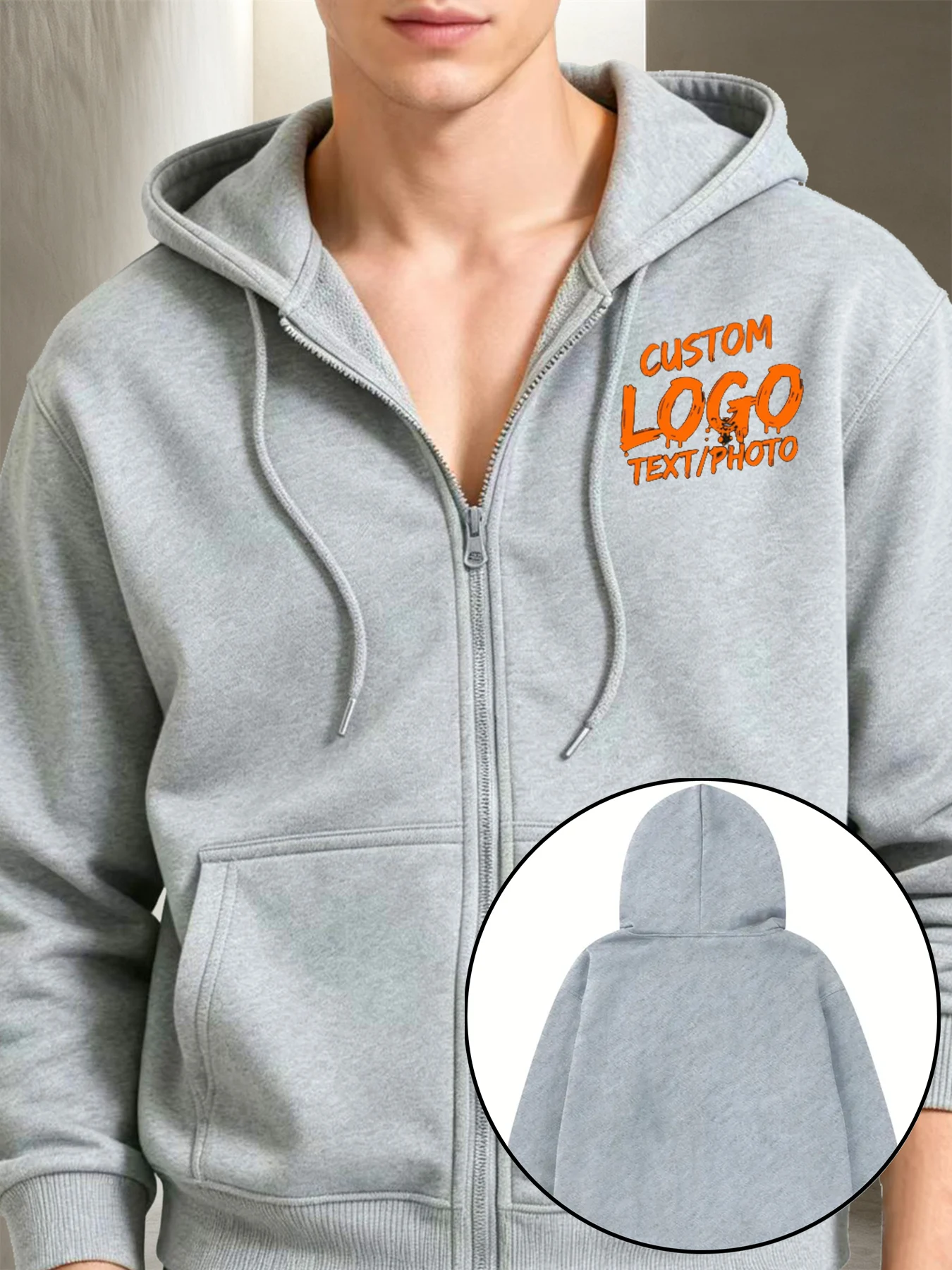 Custom Men's Hooded Sweatshirt, Personalized Zipper Pocket Pullover, Comfortable and Breathable, Bulk Customization