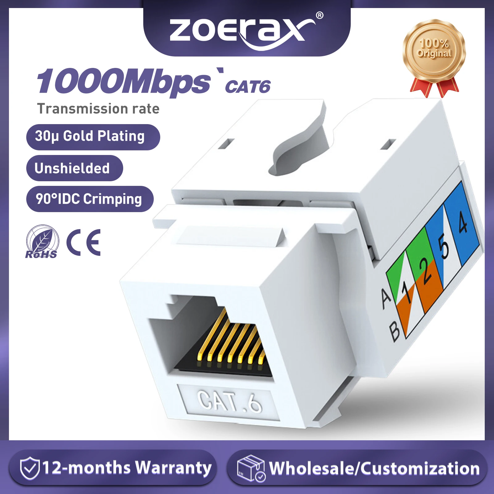 

ZoeRax 10PCS Cat6 Keystone Jack, Ethernet Punch Down Connector, 90-Degree Module Coupler(Not compatible with Patch Panel)