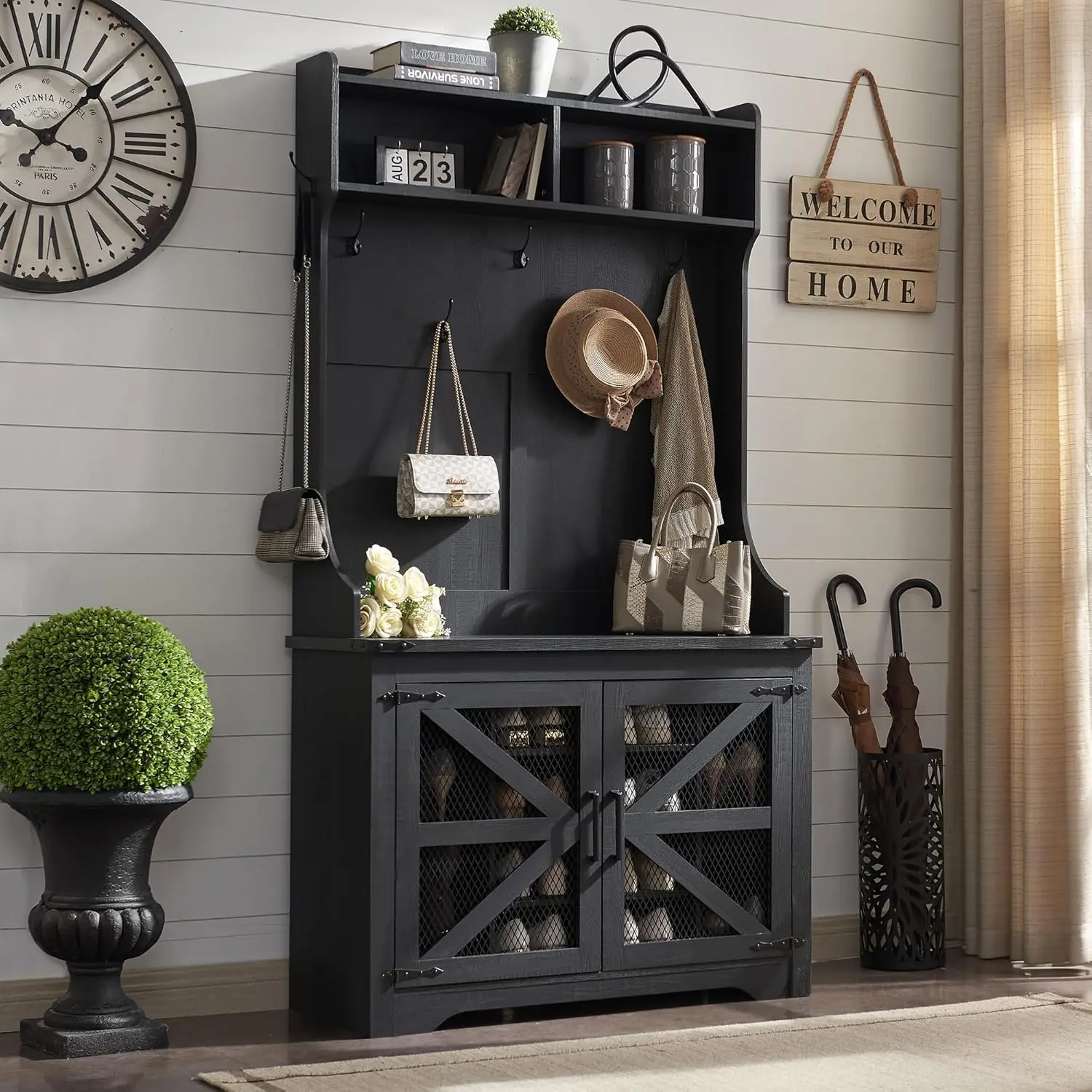 

Farmhouse Entryway Hutch with Coat Rack, 12 Shoe Cubbies & 7 Coat Hooks Hall Tree with Shoe Storage Bench, Mudroom Storage