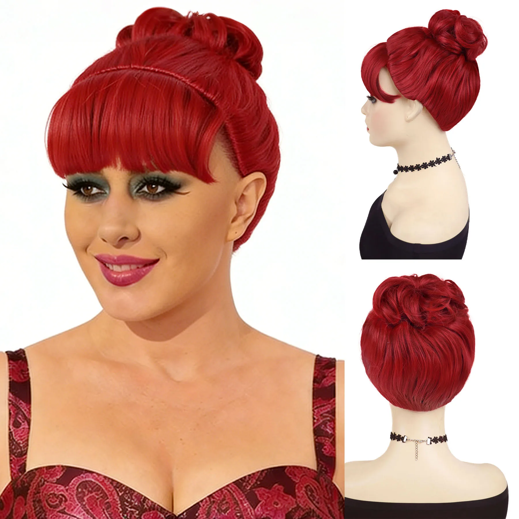 

Синтетический парик с пучком, красный короткий кудрявый парик для женщин, термостойкий парик для косплея на Хэллоуин, для аргентинской костюмированной вечеринки
