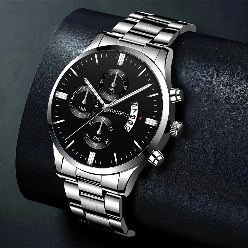 Мужские модные часы из 4 предметов с календарем - кварцевый механизм в деловом стиле с круглым циферблатом из нержавеющей стали