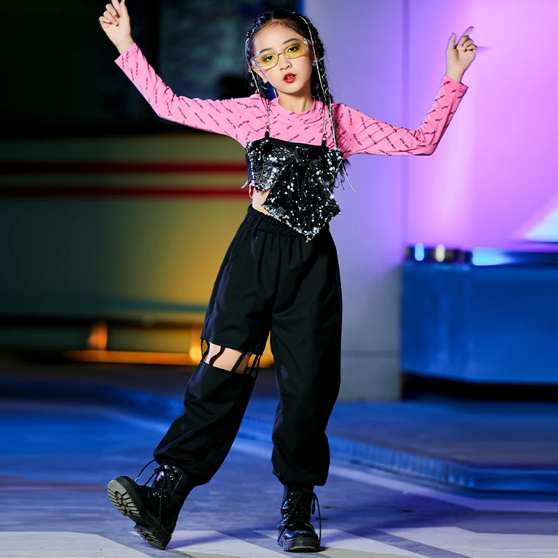 Bambini HipHop Jazz Performance costumi ragazze Street Dance abbigliamento top rosa gilet con paillettes pantaloni neri abiti da Festival DWY7255