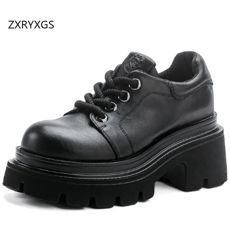 

ZXRYXGS черные туфли-лодочки премиум-класса из натуральной кожи, новинка 2025 года, туфли-лифты на толстой подошве со шнуровкой, женские туфли на высоком каблуке Tuide