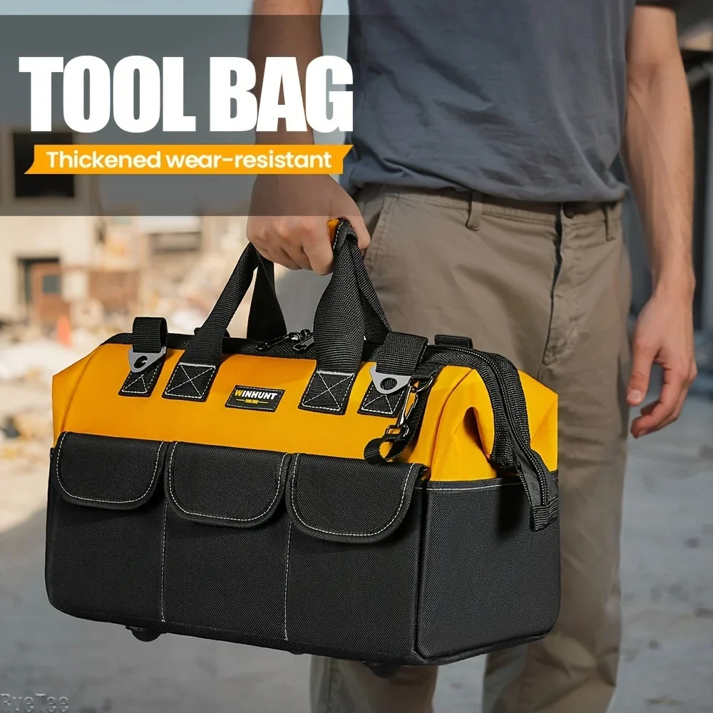 WINHUNT Heavy Duty Yellow Tool Bag with 14-Pocket Large Capacity & Tool-Free Assembly - Large Zipper Opening