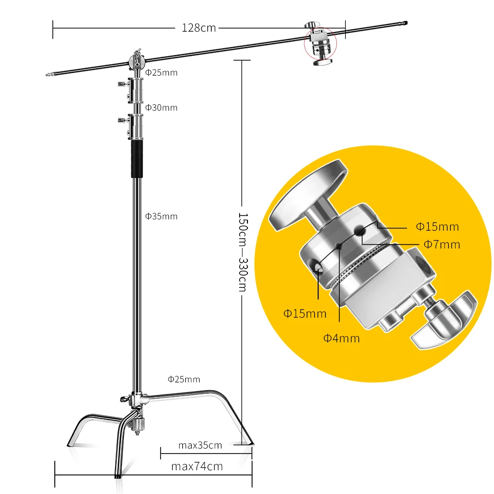 C-Stand Photography Stand Stainless Steel with Hold Arm and Grip Head Upgraded Max Height 260cm with One Adjustable Magical Leg