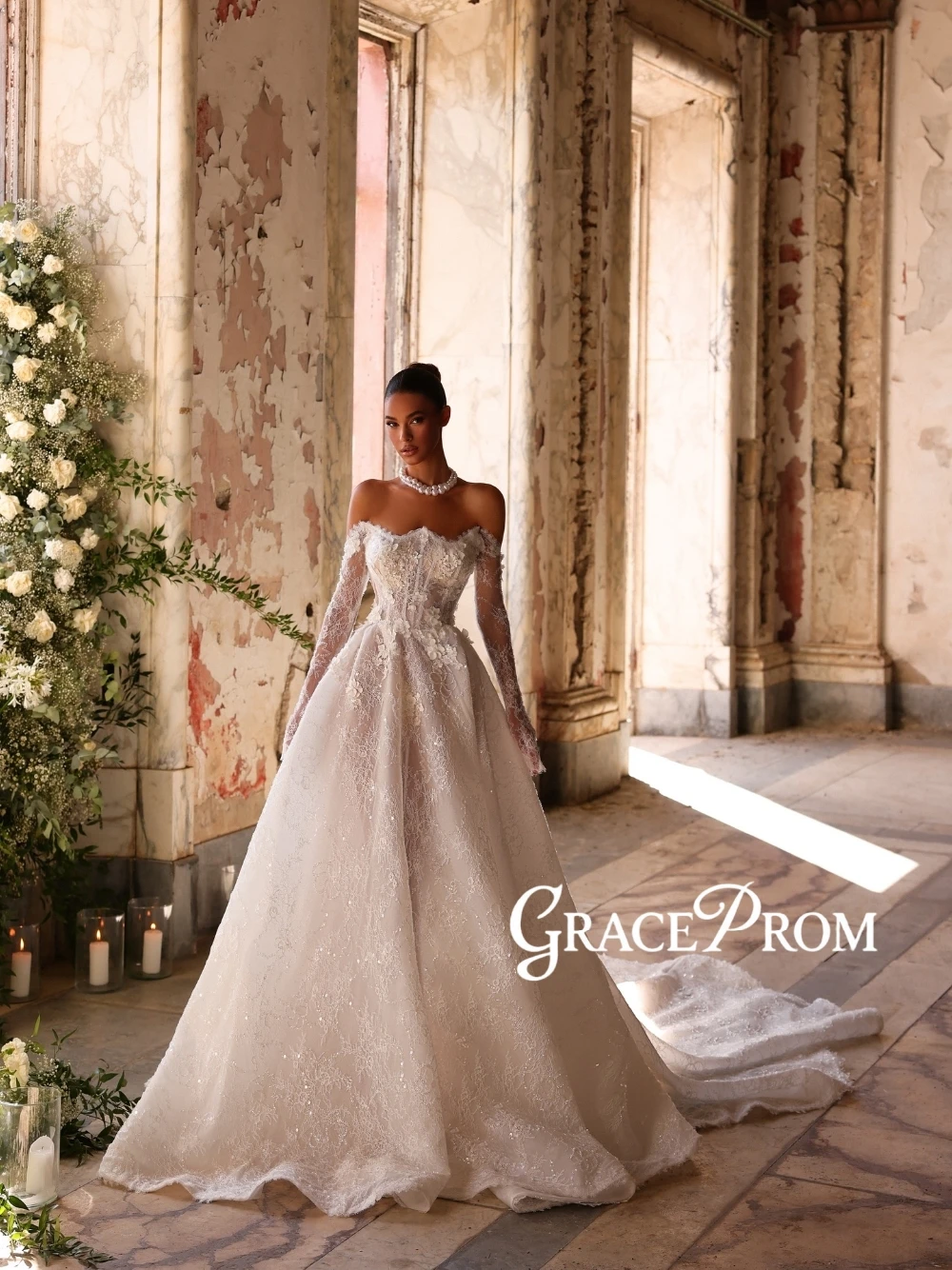 Open Back Romantic 3D Floral Sparkly Train Wedding Dress Delicate A Line Off-the-shoulder Customized Classic Bridal Gown