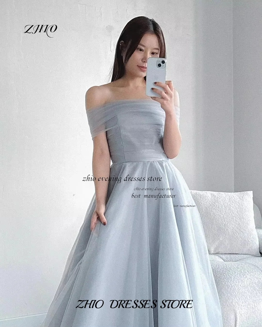 Sukienka ślubna ZHIO, niebieska, koreańska, na zamówienie, linia A, tiulowa, gorsetowa, plisowana, do ziemi, zapinana na zatrzaski, 웨딩드레스