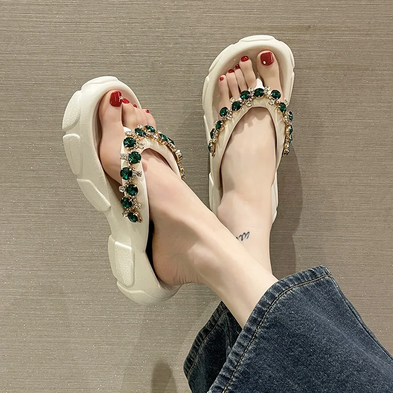 Women's Summer Flip Flops Luxury Rhinestone Thick Soled High Heels Beach Shoes Platform Anti-skid Light Soft Lady Slippers