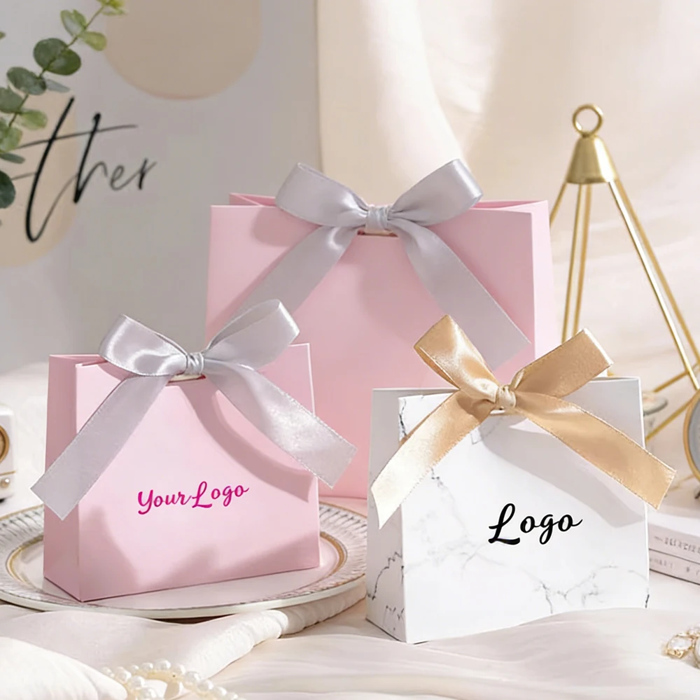 

60/80/100pcs Custom Logo Luxury Small 11.5*4.5*10cm Paper Tote Bag Wedding Baby Shower Gift Candy Bags Bow Boxes For Jewelry