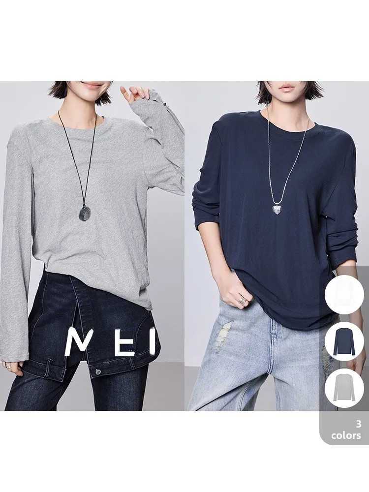 

Meiyang Soft ell Cotton Long Sve round Ne футболка профессиональная женская повседневная свободная посадка классического узора осенняя одежда