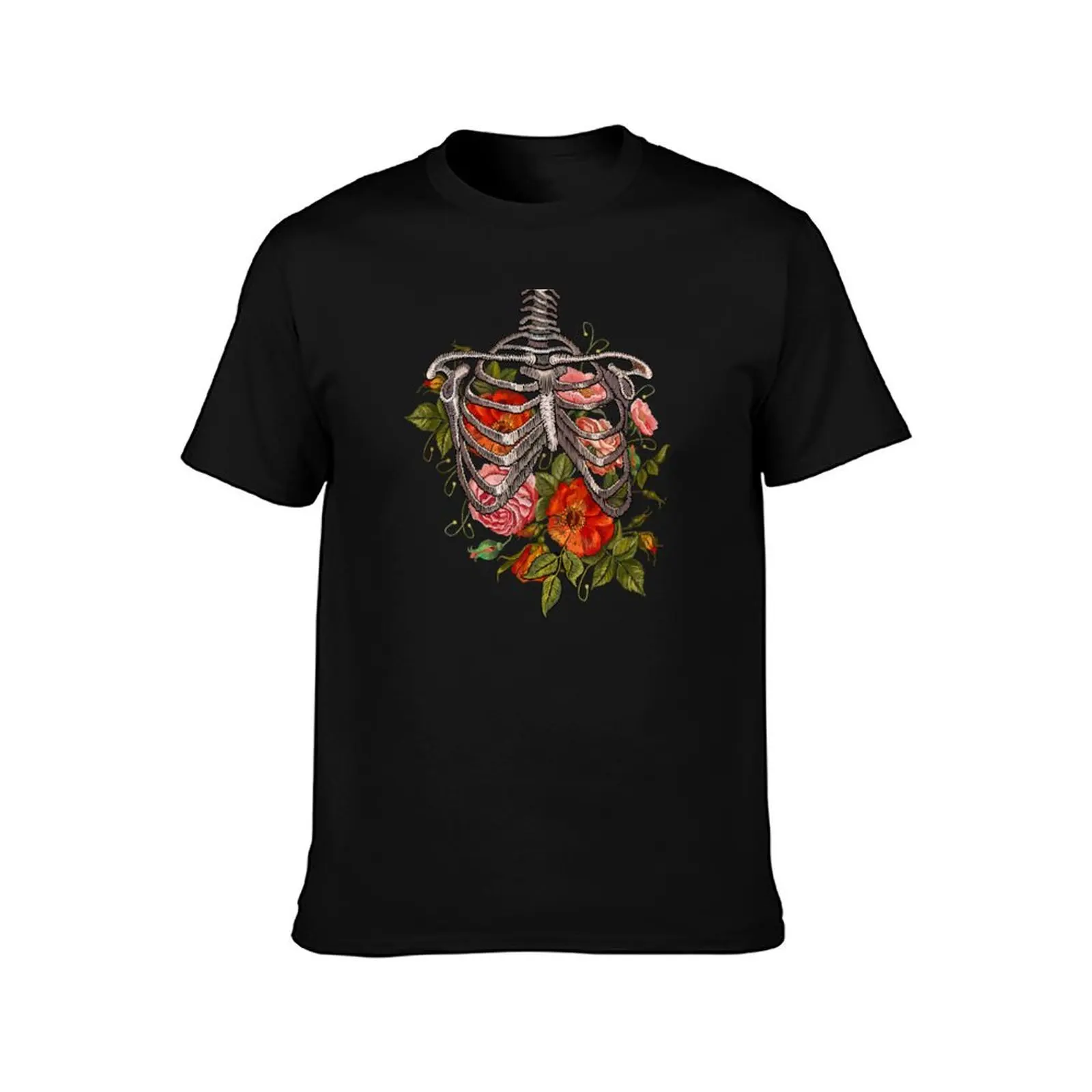 Human rib cage with red roses T-Shirt cotton graphic tees anime t shirts anime clothes plus sizes t shirts for men