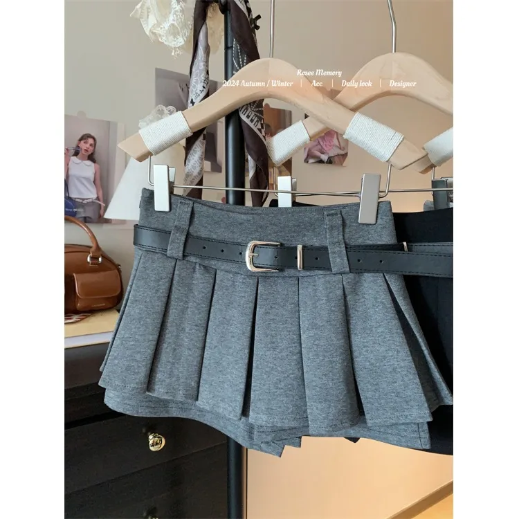 Trendy Pleated Skirt Spring/Summer High-Waisted Versatile Slimming A-Line Short Skirt for   Skirt Shorts (with a free belt)