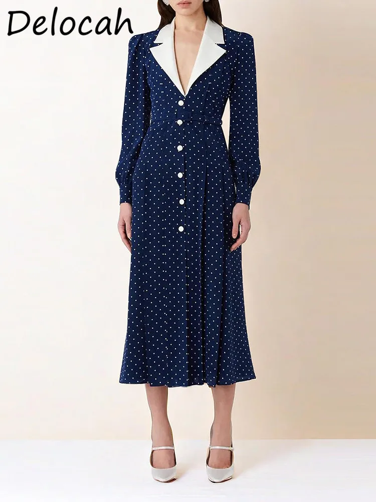 

Delocah Single-breasted SDlim Dress Royal Sister Style Suit Collar Polka Dot Long Dark Blue Vintage High-grade Dress