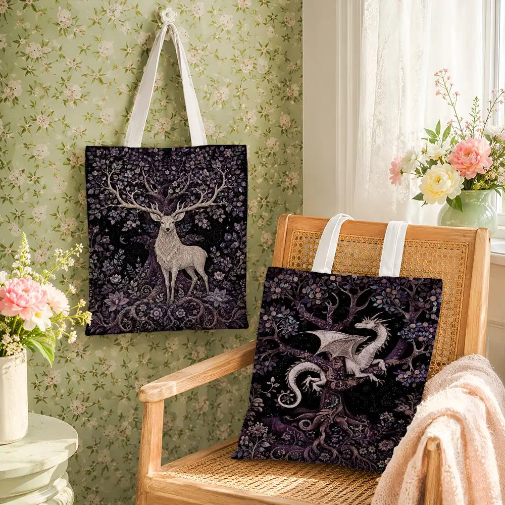 Gothic Enchanted Forest Creatures Storage Bags Reusable Canvas Tote Large Capacity Shoulder Carry Shopping Travel Work School