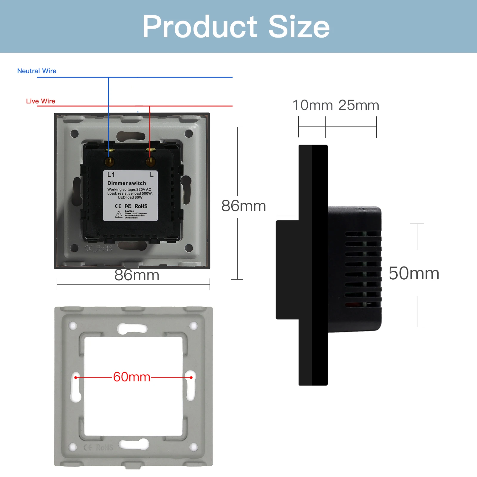 BSEED Wall Dimmer Switch Mechanical Rotary Knob Light Switch Dimmable LED Switch Crystal glass panel EU Standard 86*86mm