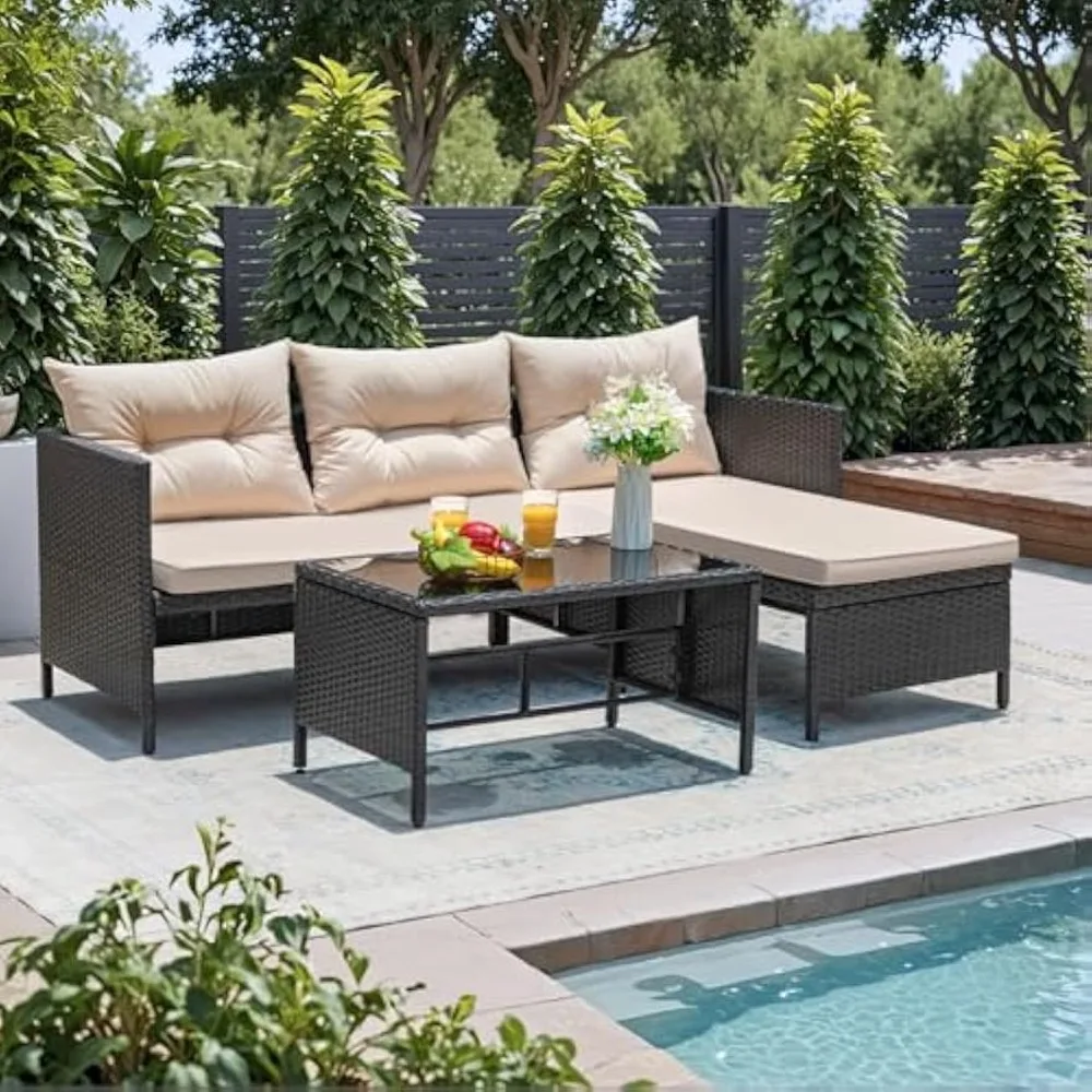 

3 Piece Patio Furniture Set Outdoor Wicker Rattan Sectional Sofa with Cushions & Coffee Table for Yard, Garden, Porch, Poolside