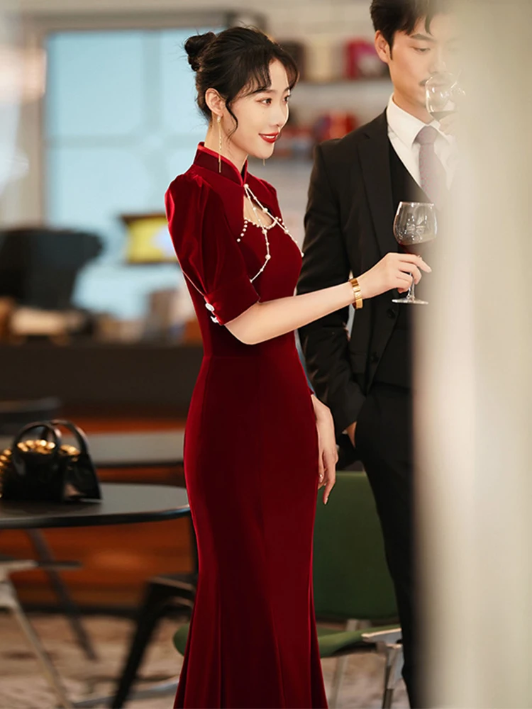 

Red Evening Gown Wedding Dr Fem Tailored mid Waist Long Sve Pearl Embellied Fi Tail Evening Dr for Women