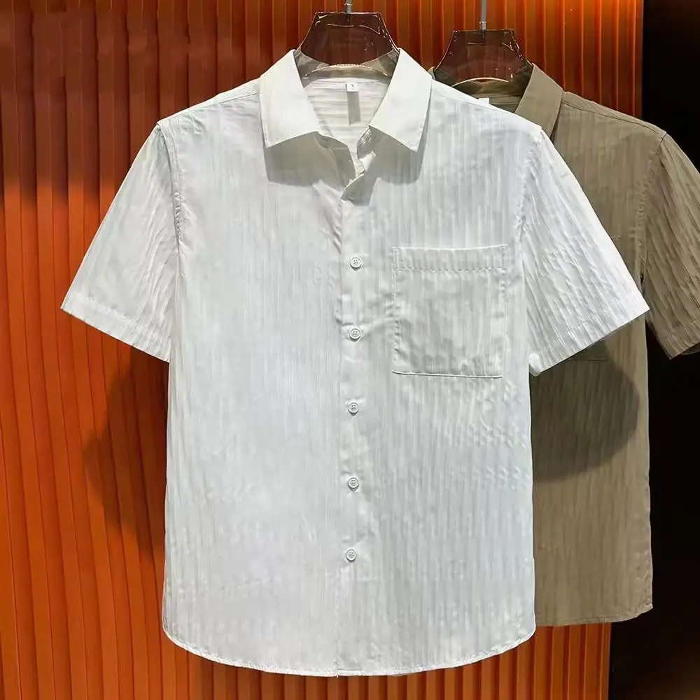  Minimalist Short Sleeve Men's Shirt Summer Thin Stripe Collar Casual Loose Ice Silk Breathable Lightweight Top