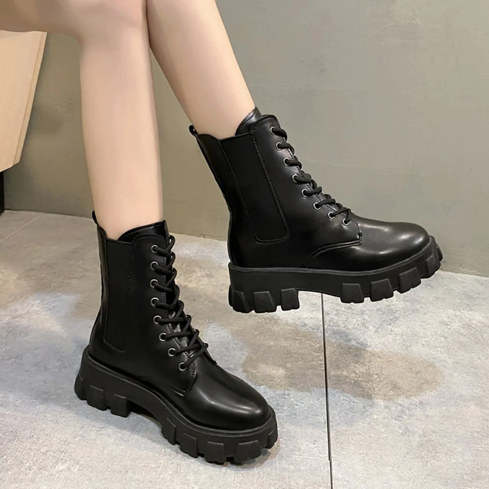 Pop Black Platform Combat Ankle Boots For Women Lace Up Buckle Strap Woman Thicken  Winter Motorcycle boots