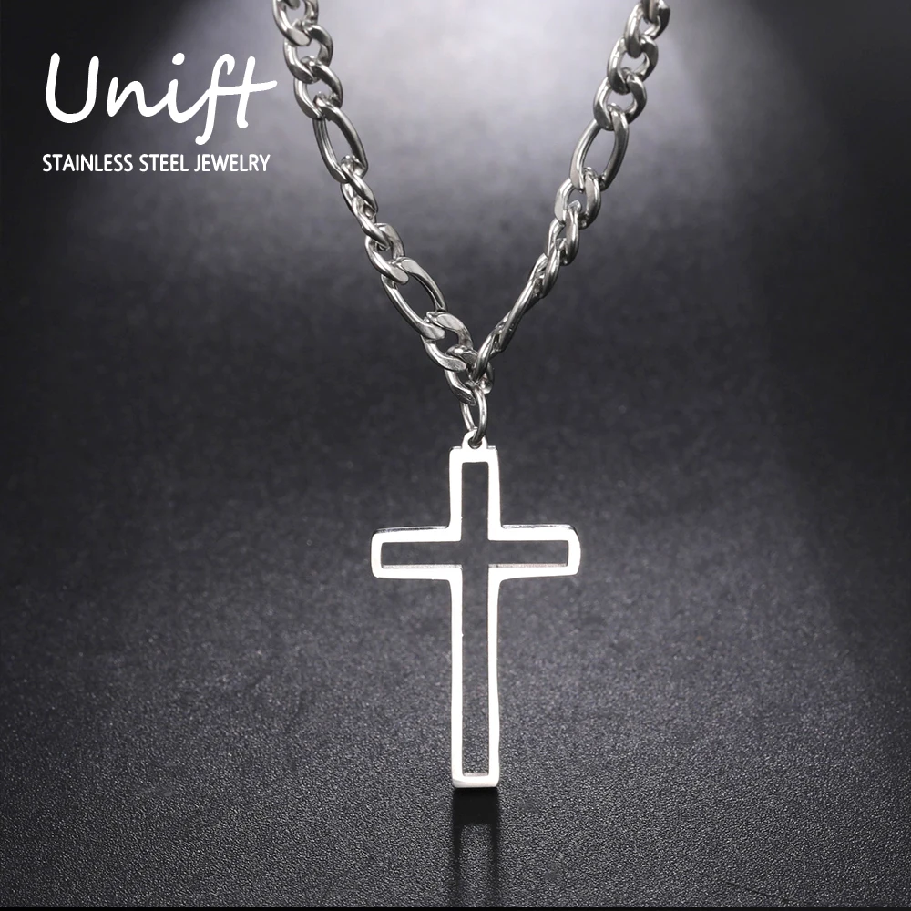 Unift Hollow Cross Necklace for Men Boy Stainless Steel Figaro Chain Necklaces Hip-Hop Religious Classic Christian Male Jewelry