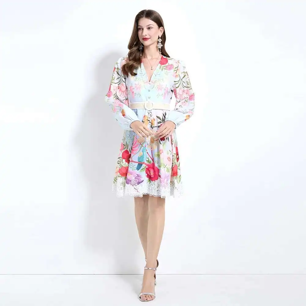 Luxury Floral Dress Women 2025 Summer Holiday Printed Flower Short Dresses Party Single Breasted Lace Hem Evening Vestidos
