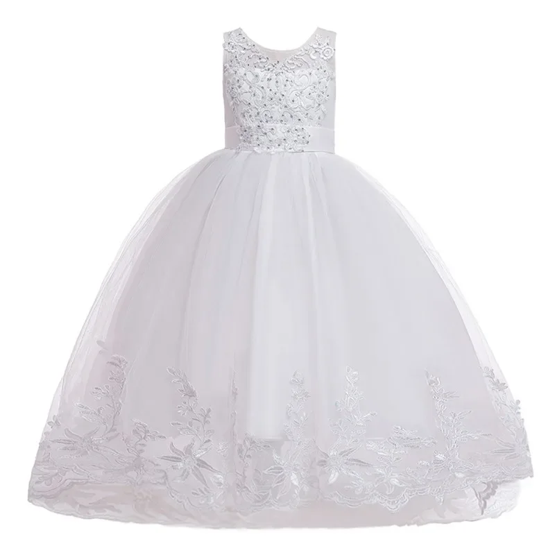 Robe de soirée en maille pour enfants, tenue de soirée longue, princesse, dentelle, traîne, ligne A, mariage