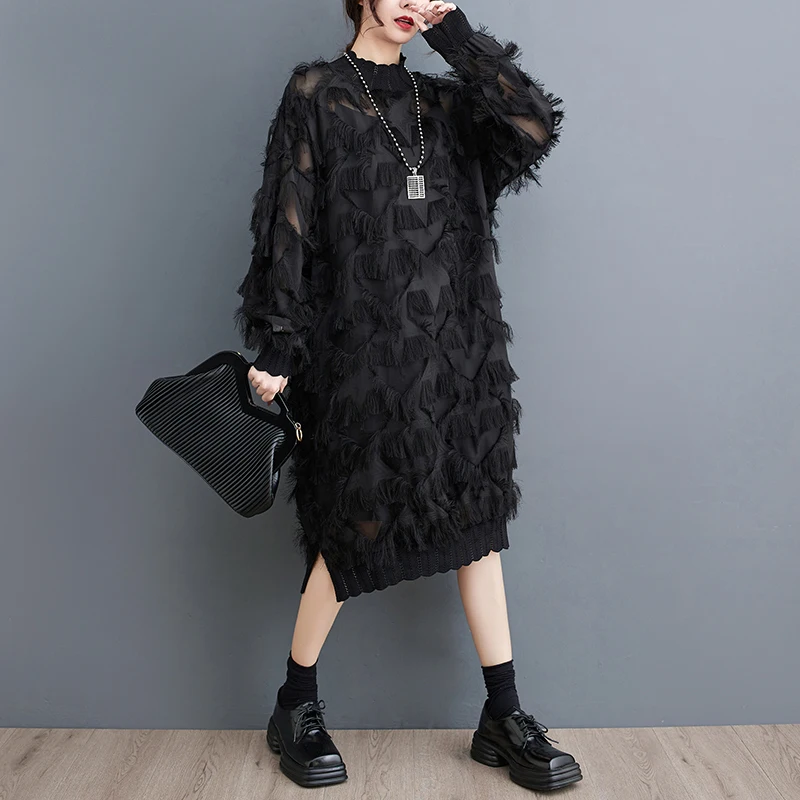 #3341 Black Irregular Midi Dress Women Tassels Loose Thin Perspective Retro Dress Ladies Stand Collar Fringe Dress Female Spring