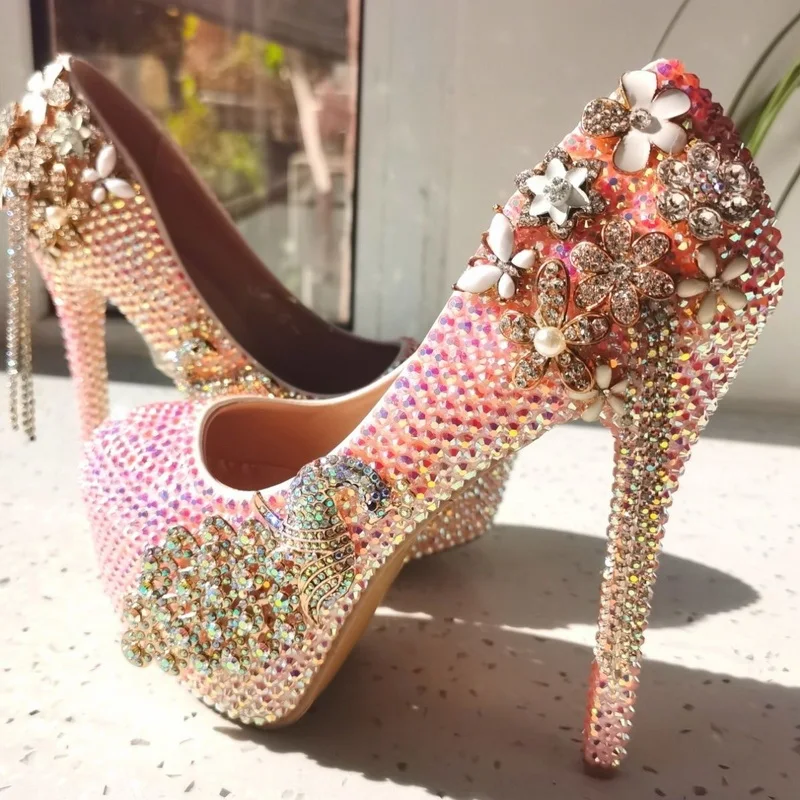 Fhanchu 2022 novos sapatos de casamento feminino, couro strass saltos altos para dama de honra, dedo do pé redondo, escorregar, 14cm, rosa, amarelo, dropship