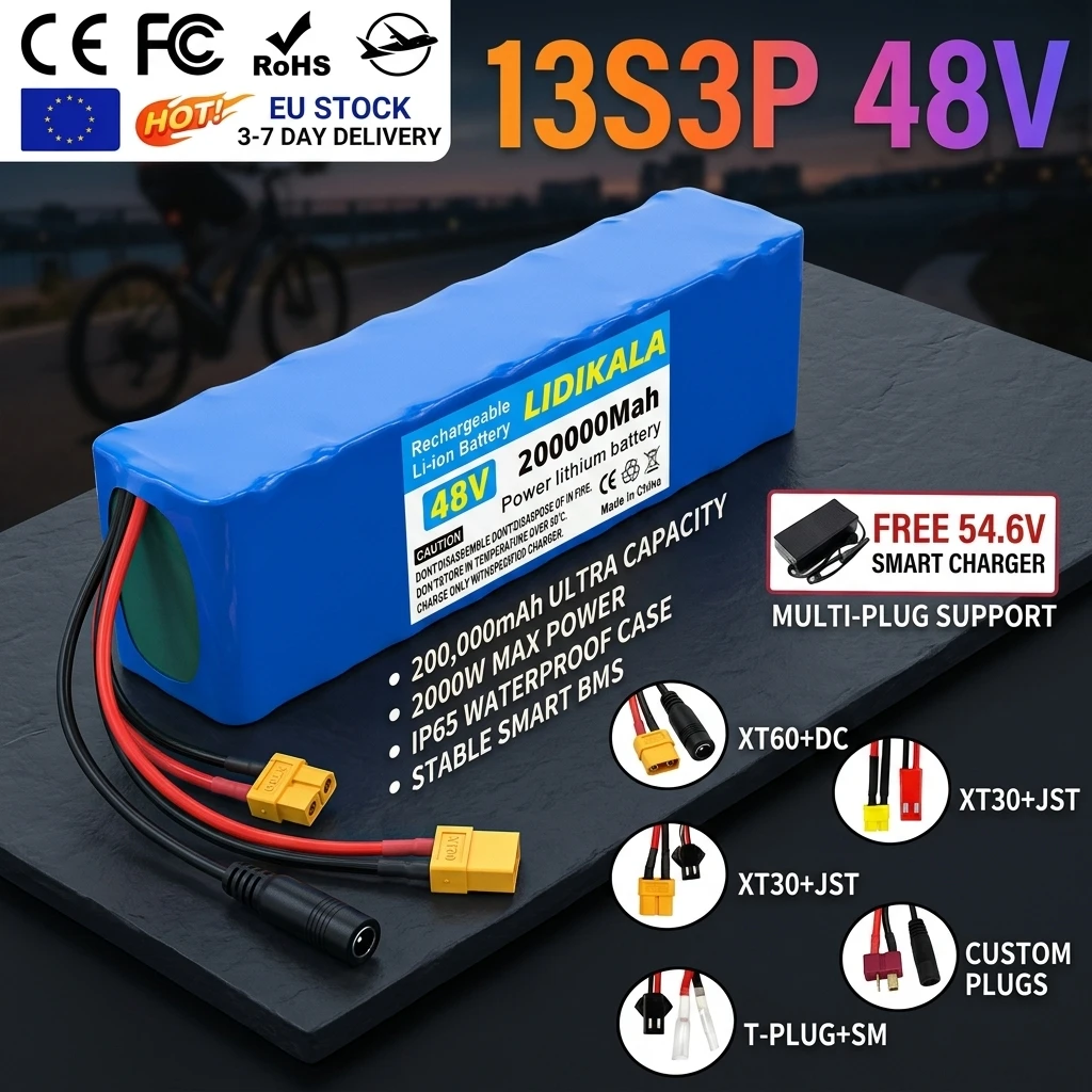 Image of Original 13S3P 48V 200000mAh Lithium-Ionen-Akku mit Schnellladefunktion, geeignet für Elektroroller für Erwachsene, 500W-2000W Entladung, mit BMS+Ladegerät