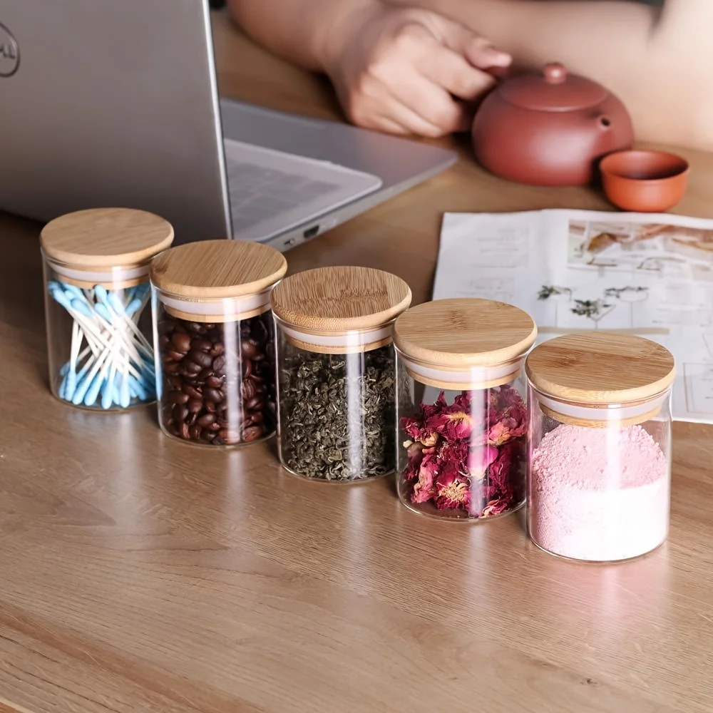 Glass Jars Set,Spice Jars with Wood Airtight Lid,8oz 12Piece Small Food Storage Containers for Home Kitchen,Tea,Herbs,Sugar,Salt