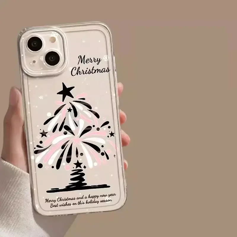 Abstract Marry Christmas Tree Clear Phone Case for IPhone 16 15 11 13 12 14 Pro Max Mini X XS 7 8 Plus Soft Cover New Year Gifts