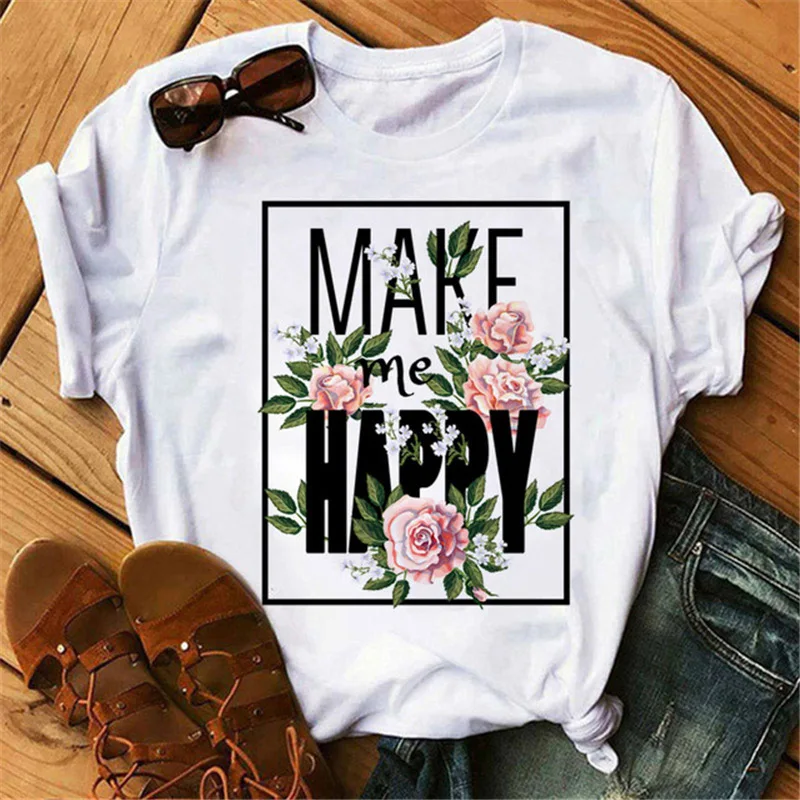 

Make Me Happy Flower Print Women T Shirt Short Sleeve O Neck Loose Women Tshirt Ladies Tee Shirt Tops Clothes Camisetas Mujer