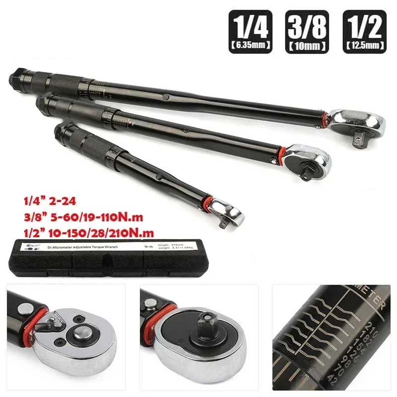 Torque Wrench 1/2\'\' 3/8\'\' 1/4\'\' Square Drive Preset Bicycle Torques Key Two-way Ratchet Car Bike Automotive Hand Tools