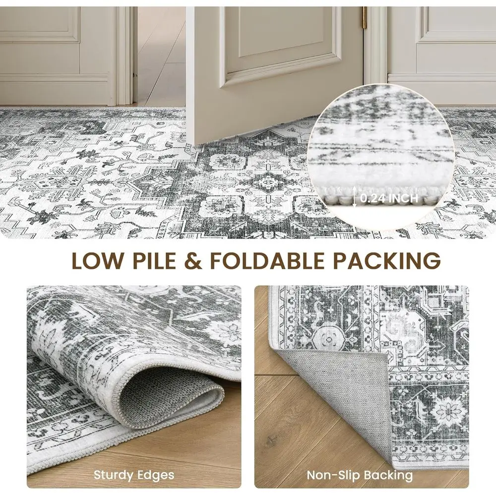 Grey 8x10 Stain-Resistant, Washable Neutral Rug for Living Room & Bedroom, Vintage Style, Non-Slip Large Area Rug