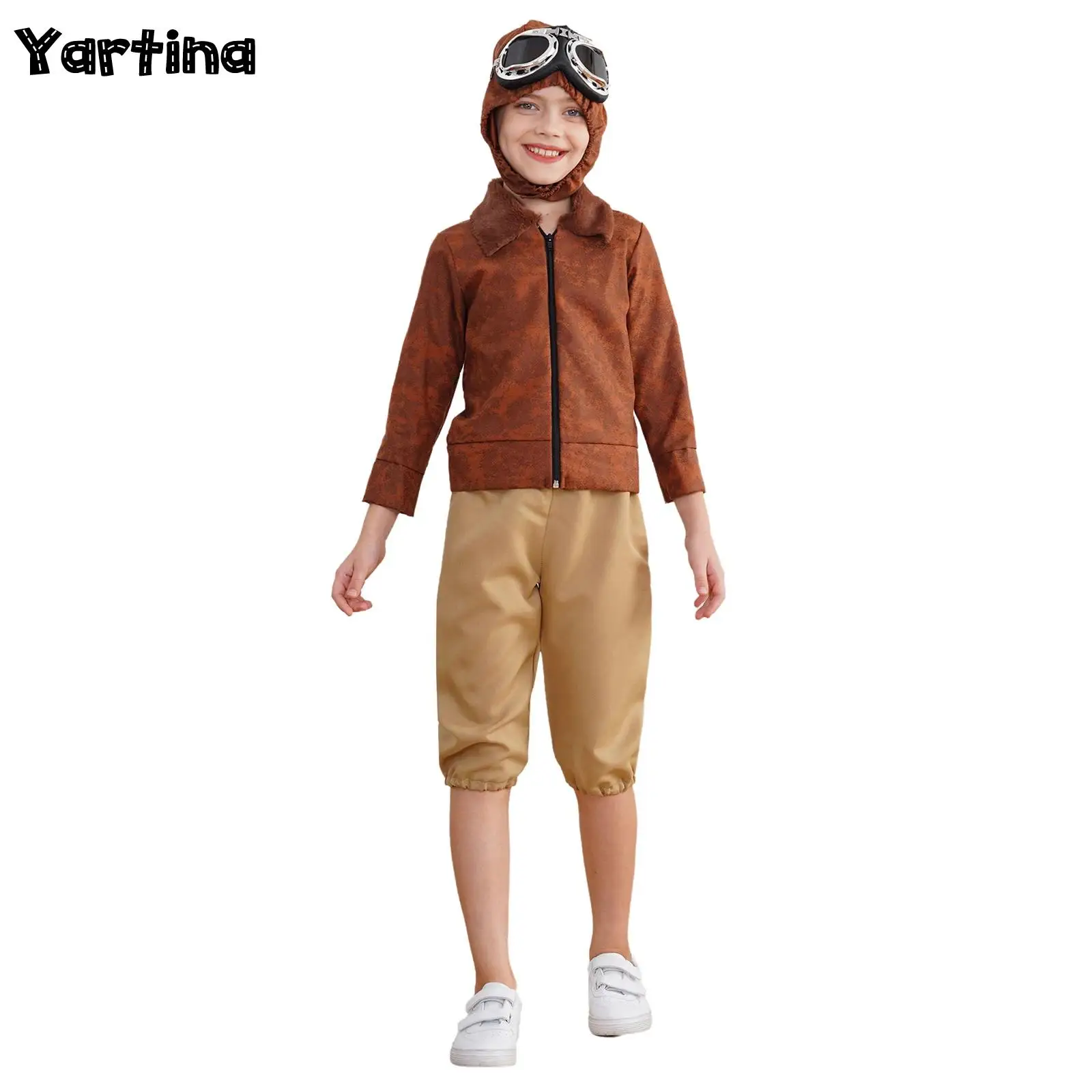 Disfraz de piloto para niñas, conjunto de chaqueta, pantalones, sombrero, gafas y bufanda, uniforme de Halloween, aviador