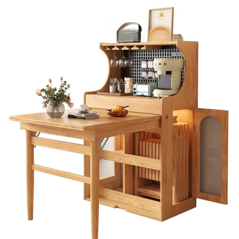 

Solid wood folding island dining side cabinet dining table integrated retractable pulley small apartment against the