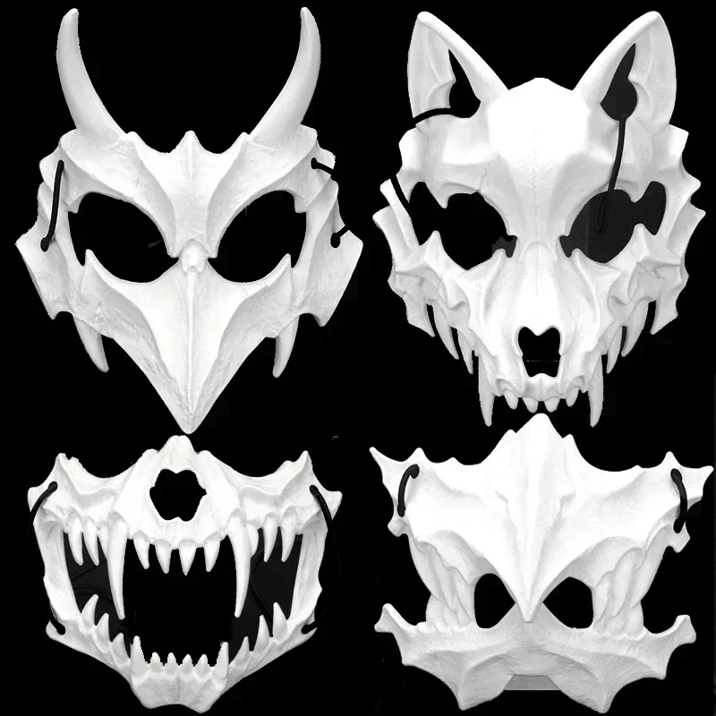 Anime Fox Dragon Skeleton Skull Half Face Mask Cosplay Animal Black White Skeleton Mask Unisex Halloween Carnival Party Props