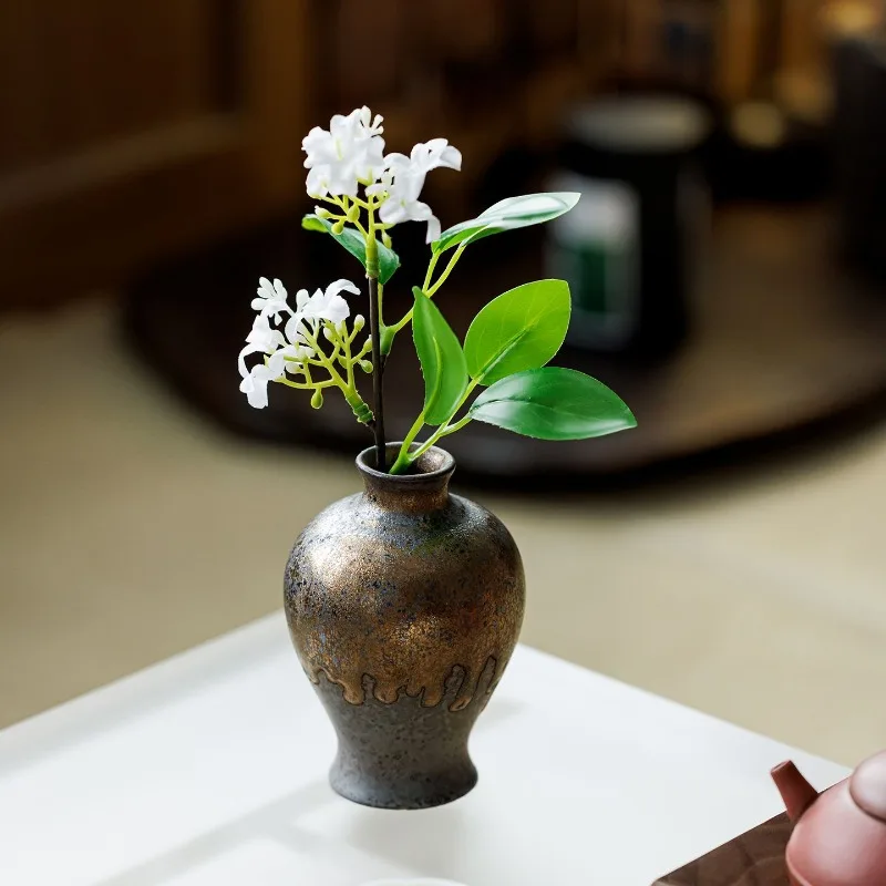 Rustic Pottery Vase Mini Narrow Neck Vintage Boho Decor Flowers Vase for Entryway Study Room Home Tabletop Accent