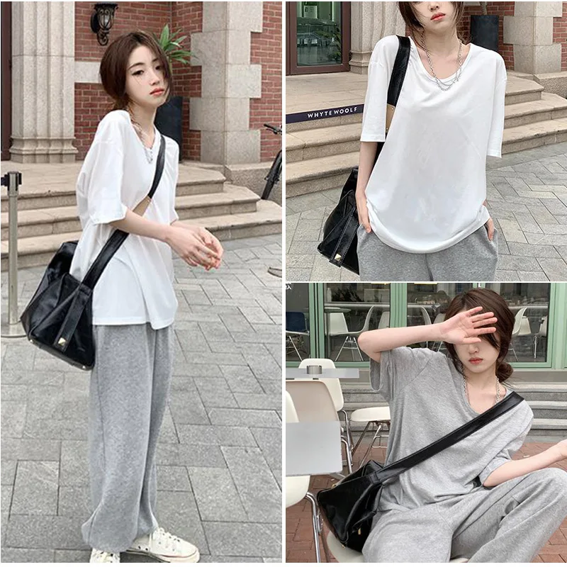 Nieuwe zomer dames effen kleur V-hals T-shirt korte mouwen los overhemd casual eenvoudig dames basic dames look slank alles