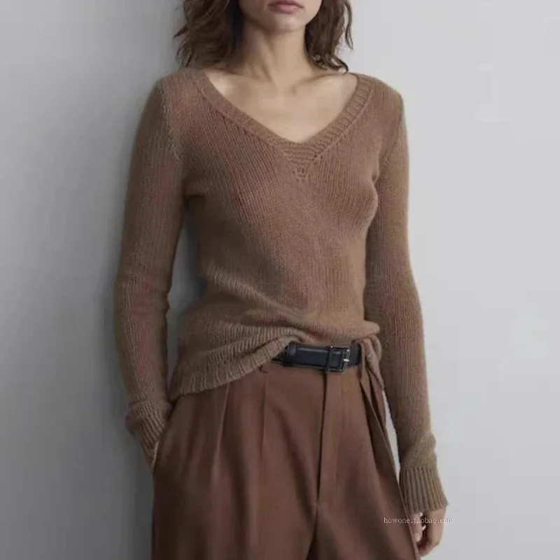 

LUXURY Cashmere Knit Sweater Women Spring and Autumn New V-neck Pullover Solid Color Sweater Versatile Slim Wool Blouse Y2k