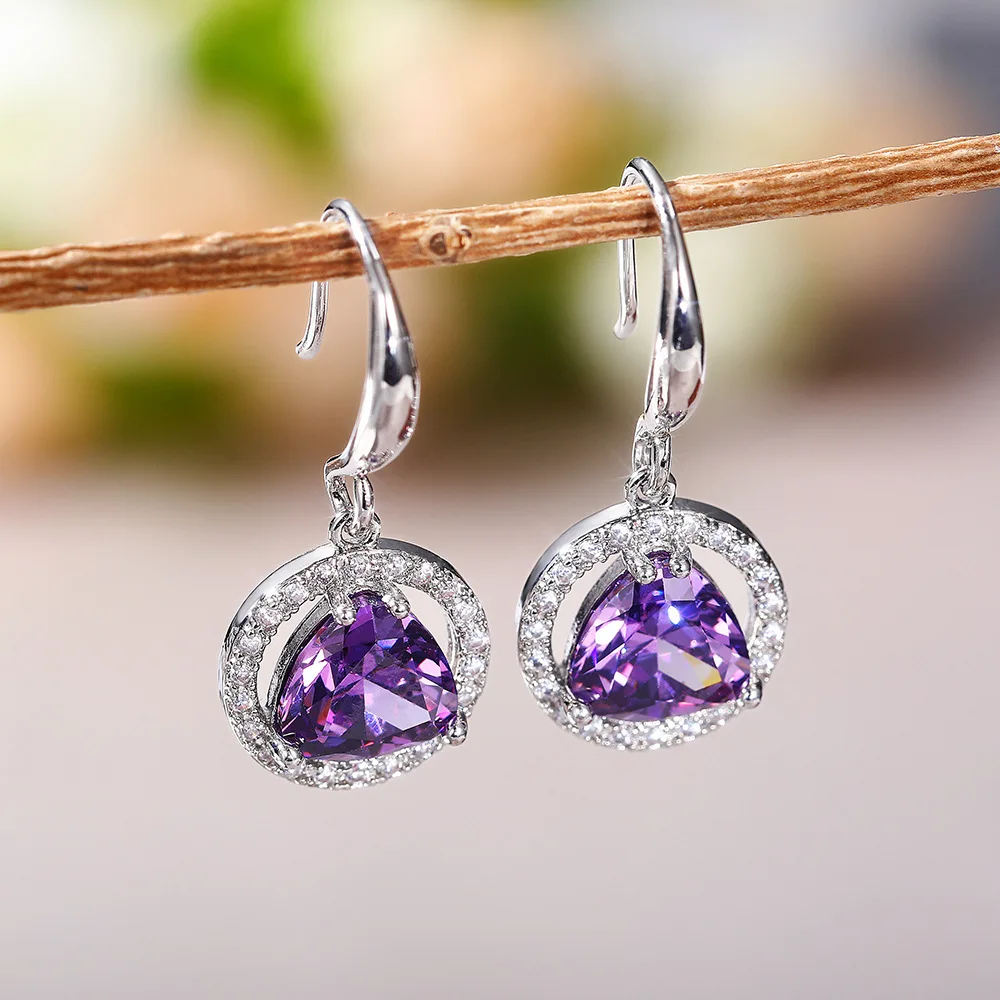 Gorgeous Heart Drop Shape Purple Cubic Zirconia Drop Earrings For Women Evening Party Elegant Classic 925 Silver Needle Jewelry