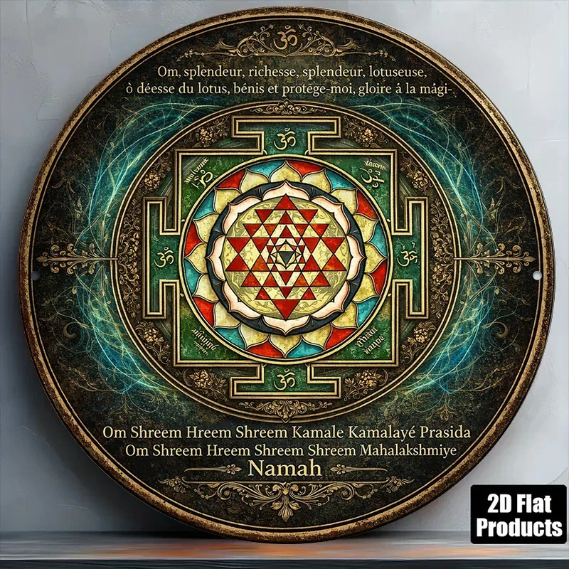2D Flat,Round Vintage Decorative Plaque, Featuring the Sri Yantra  and the Goddess of Wealth Lakshmi,
