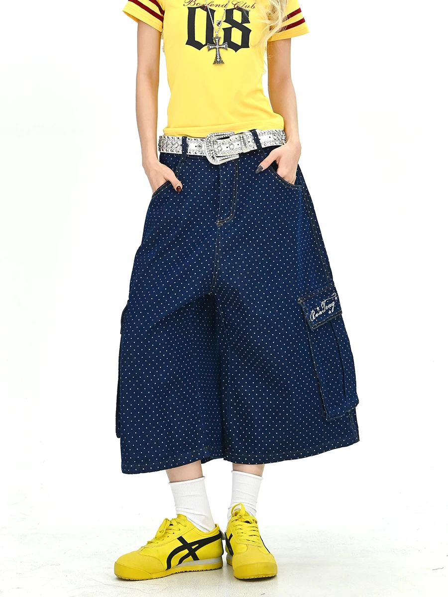 

Summer New Women's Loose BF Small Size Mid-Calf Denim Pants Polka Dot Print Multi-ket Casual Wear Resistant l Waist