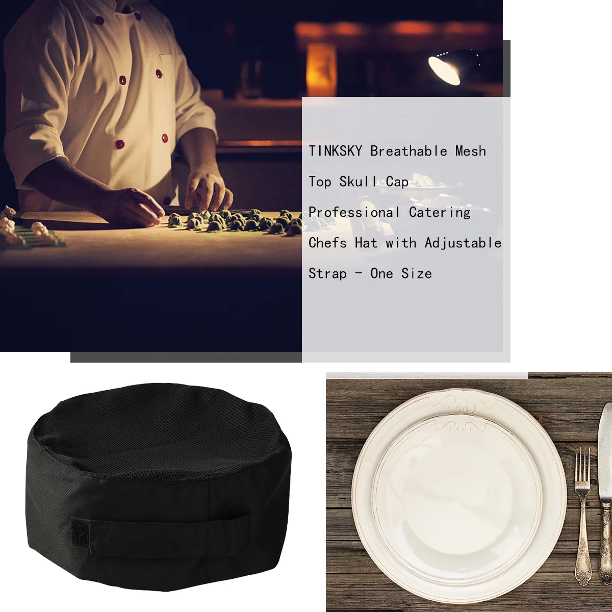 黒シェフハット Tinksky 通気性メッシュスカルキャップ 調理、ベーキング、ケータリング、学校、専門家向け コットンポリエステル