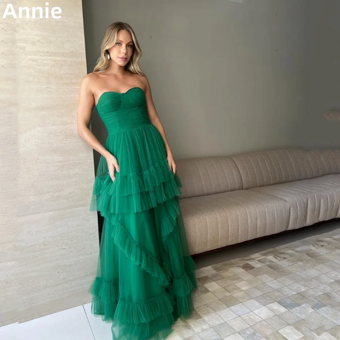 Annie Strapless Green Prom Dresses Tulle Layered Elegant Lady Evening Dresses A-Shape Wedding Party Dress Vestidos De Noche