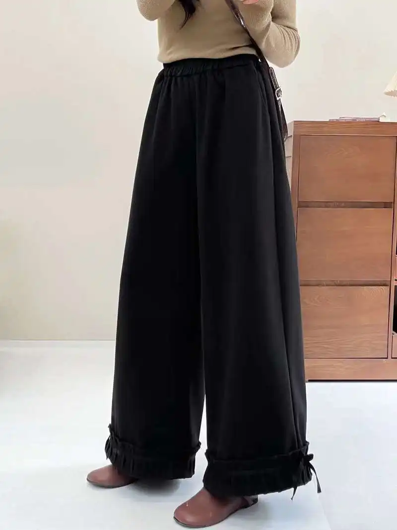 New 2025 Autumn Cotton Thicken Pants, Women Elastic Waist Flods Bow Patchwork, Mori Girl French OL Casual INS Trousers B5N230CC
