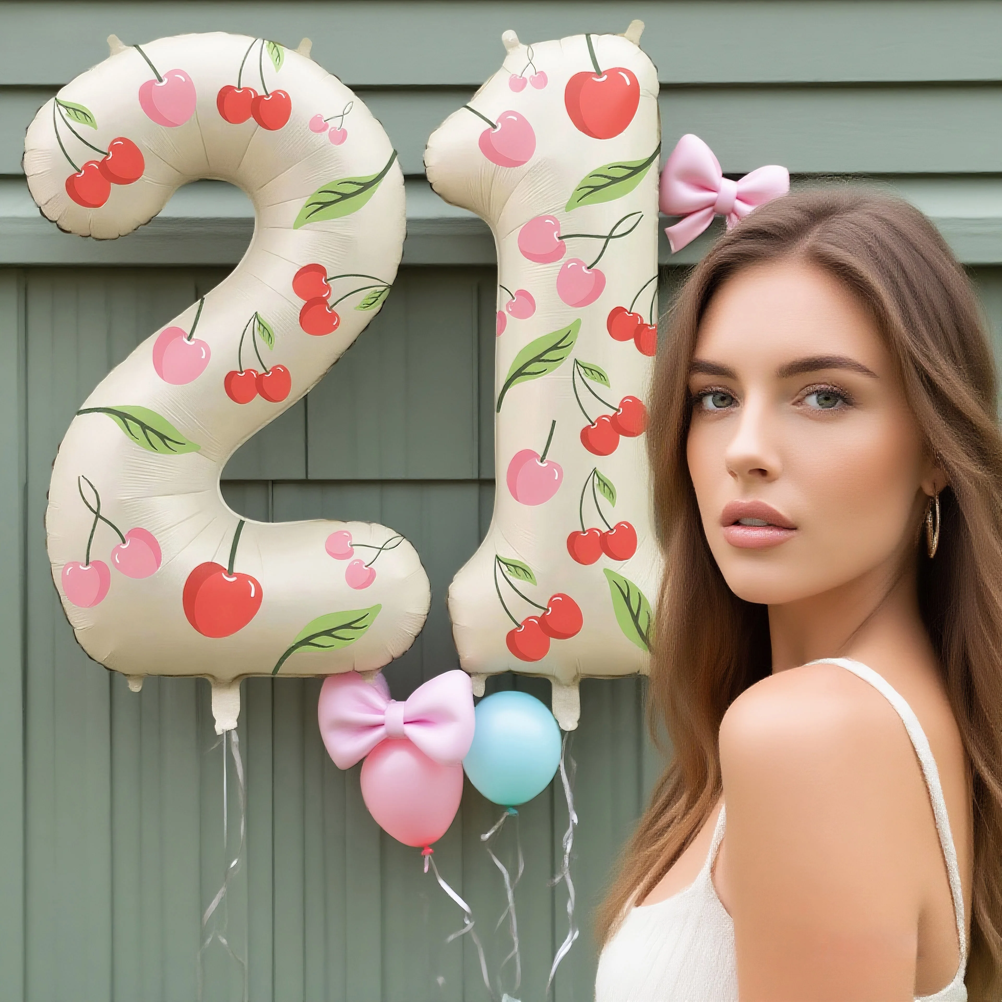 بالونات بأرقام من رقائق معدنية مقاس 32 بوصة مع ملصقات الكرز، 0-9 لديكور المنزل وحفلات الزفاف وأعياد الميلاد والتخرج/الهالوين/العربة